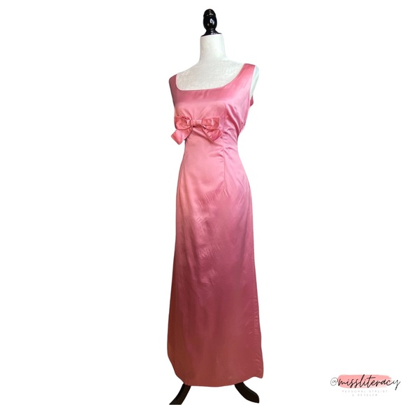 Vintage 1960’s Handsewn Homemade Pink Plunge Satin Sleeveless Midi Dress [Sz 12] - Picture 9 of 16